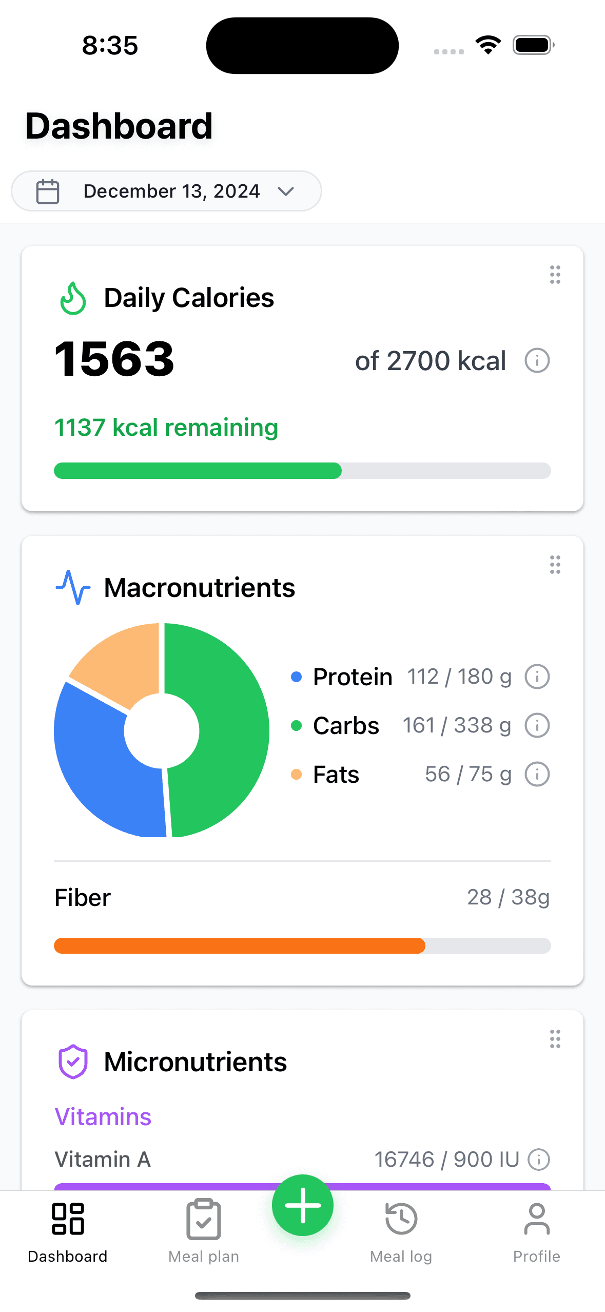 NutriGoals nutrition tracking app dashboard with macro and micronutrient analysis