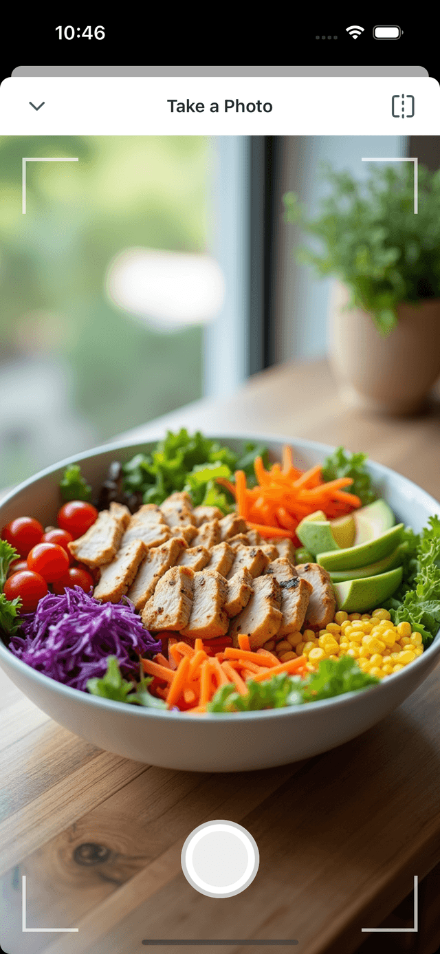 NutriGoals app screenshot showing the camera interface capturing a healthy chicken and vegetable bowl